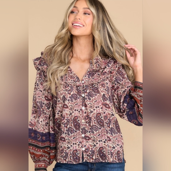 Cleobella Tops - Cleobella Paisley Button-Front Blouse in Mauve and Navy